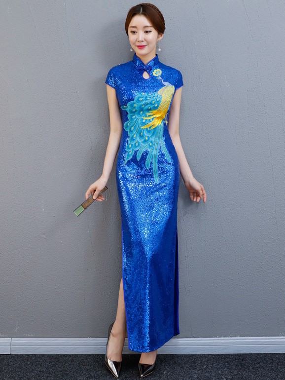 Blue Sequined Long Embroidered Qipao ...