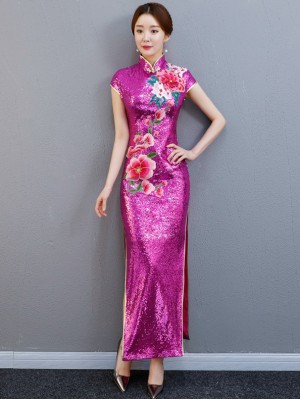Fuchsia Sequined Long Embroidered Qipao / Cheongsam Party Dress with Split