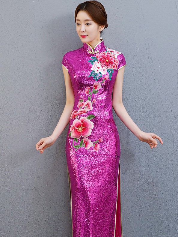 Fuchsia Sequined Long Embroidered Qipao / Cheongsam Party Dress with Split