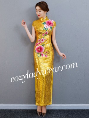 Golden Sequined Long Qipao / Cheongsam Party Dress with Split