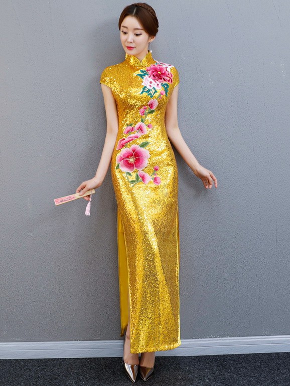 Golden Sequined Long Qipao / Cheongsam Party Dress with Split