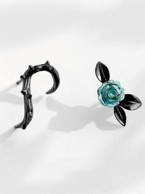 Mismatched Thorn Blue Rose Stud Earrings