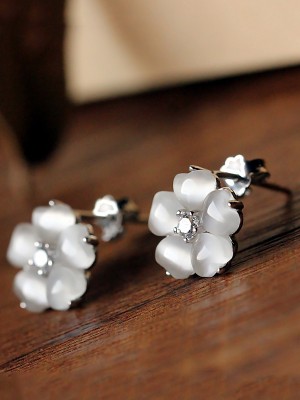 White Crystal Opal Silver Flower Stud Earrings