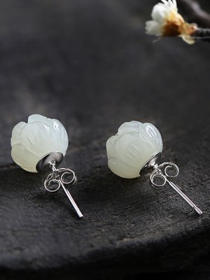 White Jade Flower Stud Silver Earrings