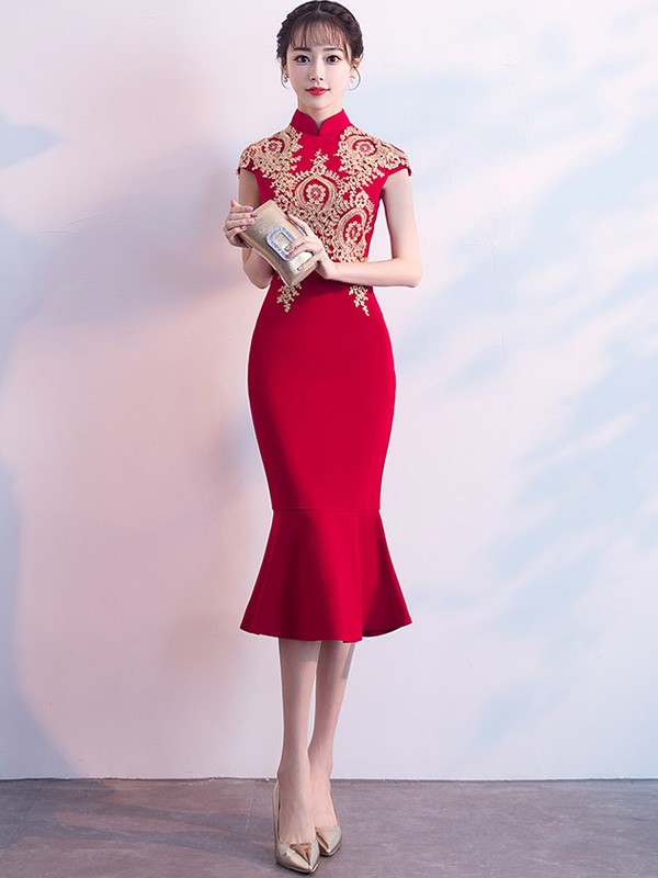 Red Golden Appliques Qipao / Cheongsam Dress with Frill Hem