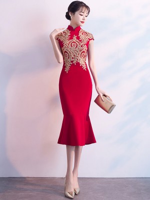 Red Golden Appliques Qipao / Cheongsam Dress with Frill Hem