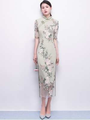 Green Embroidered Long Qipao / Cheongsam Party Dress