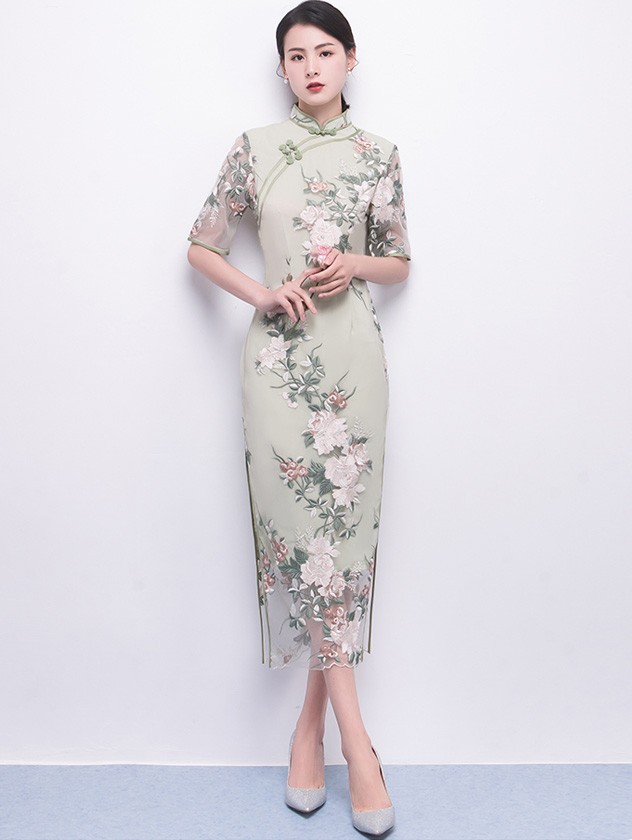 Green Embroidered Long Qipao / Cheongsam Party Dress