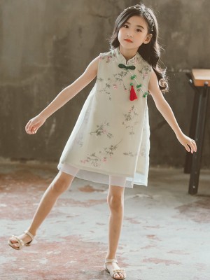 Green Floral Kids Girl Cheongsam / Qipao Dress