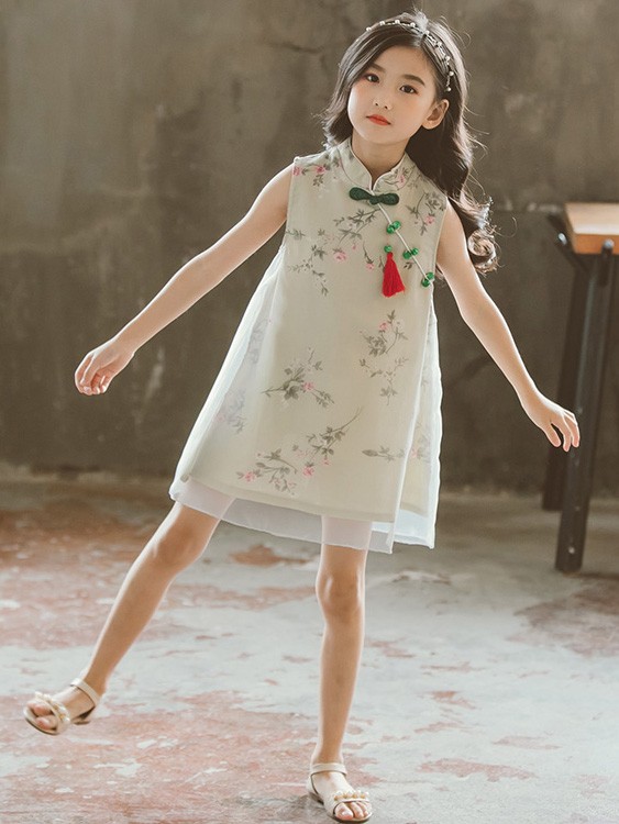 Green Floral Kids Girl Cheongsam Qipao Dress CozyLadyWear