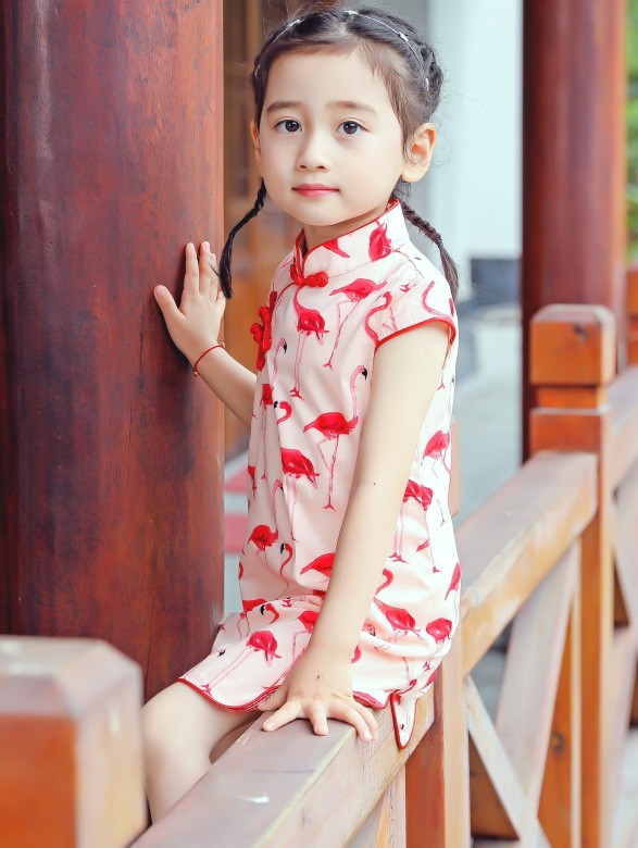 Pink Kids Girl Cheongsam / Qipao Dress in Bird Print