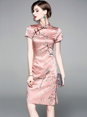 Pink Floral Silk Qipao / Cheongsam Party Dress
