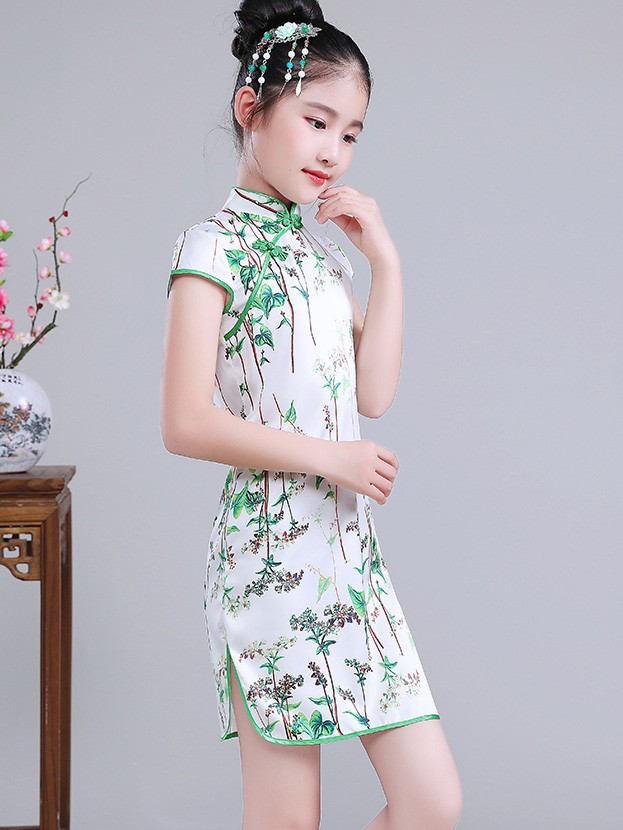 Kids Girl's Cheongsam / Qipao Dress in Green Floral Print