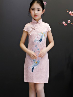 Pink Embroidered Kids Girl's Cheongsam / Qipao Dress