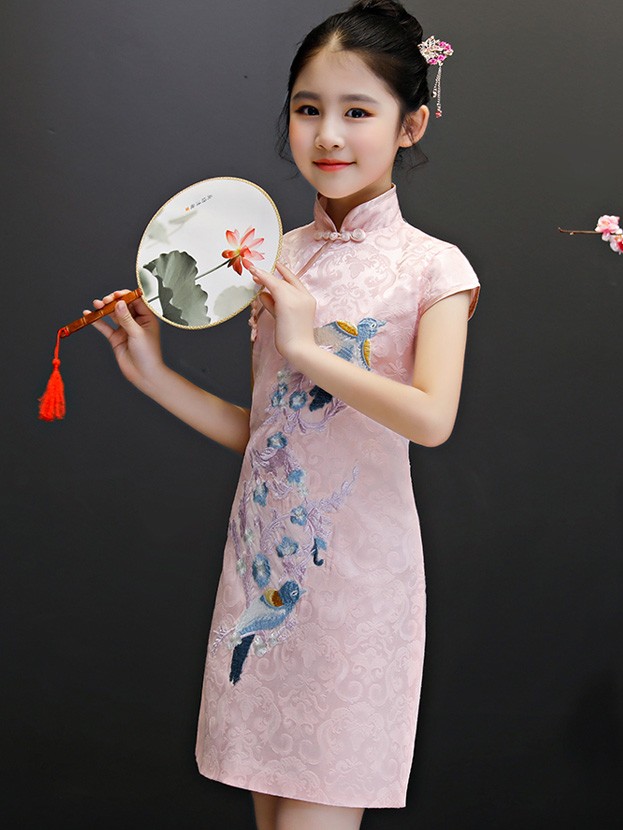 Pink Embroidered Kids Girl's Cheongsam / Qipao Dress