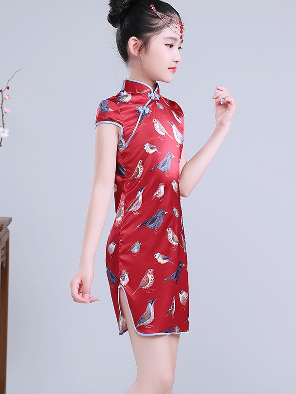 Red Girl's Silk Cheongsam / Qipao Dress in Bird Print