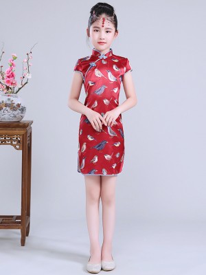 Red Girl's Cheongsam / Qipao Dress in Bird Print