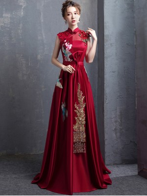 Wine Red A-Line Floor Length Qipao / Cheongsam Wedding Dress with Embroidery