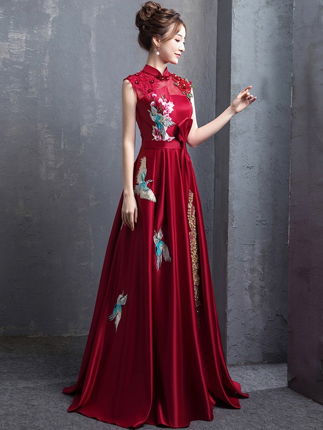 Wine Red A Line Floor Length Qipao Cheongsam Wedding Dress With