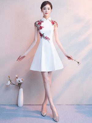 White A-Line Embroidered Qipao / Cheongsam Evening Dress
