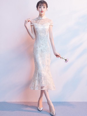 Champagne Midi Lace Qipao / Cheongsam Party Dress with Fishtail Hem