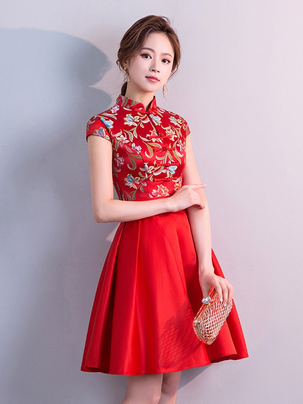 Red Woven A-Line Qipao / Cheongsam Party Dress