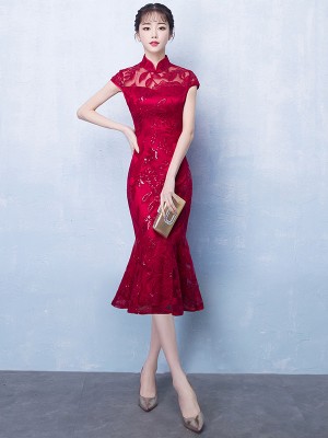 Wine Red Midi Qipao / Cheongsam Party Dress with Fishtail Hem