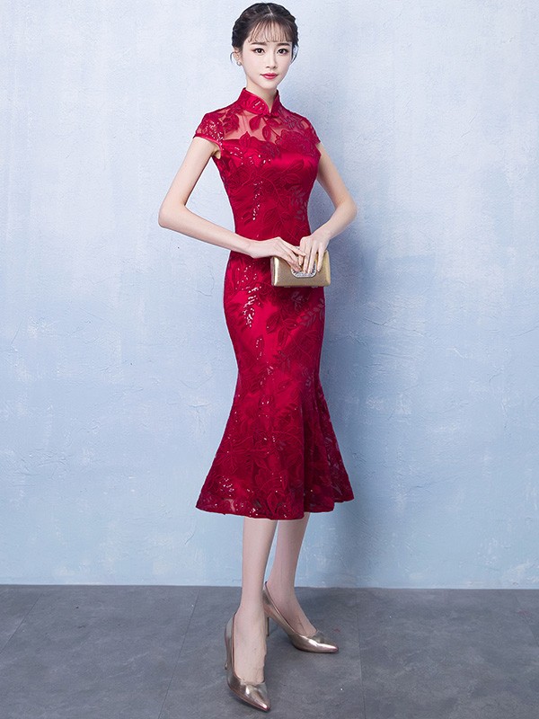 Wine Red Midi Qipao / Cheongsam Party Dress with Fishtail Hem