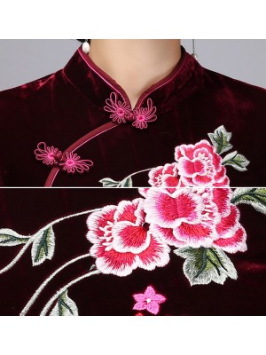 Embroidered Velour Qipao / Cheongsam Blouse Top