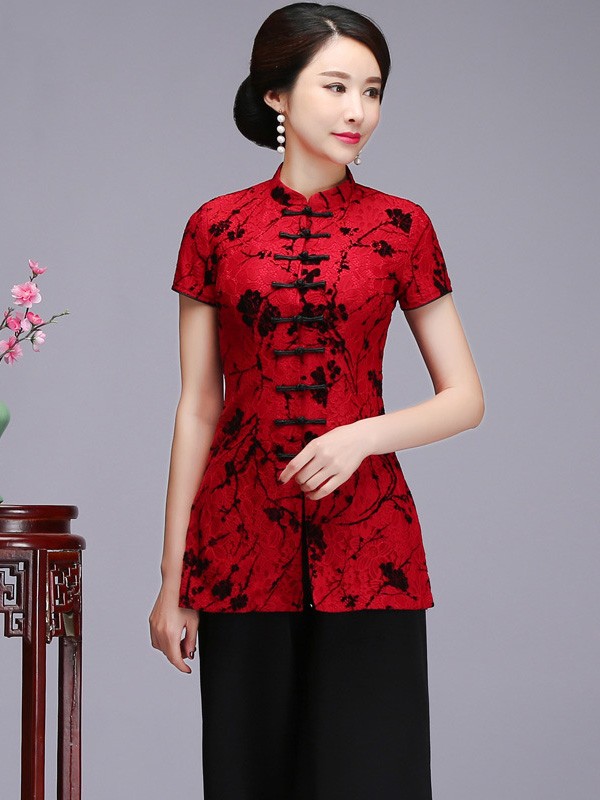 Red Floral Lace Qipao / Cheongsam Blouse Top