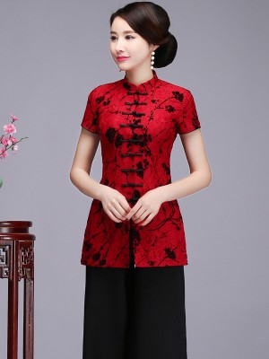 Red Floral Lace Qipao / Cheongsam Blouse Top