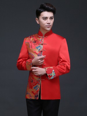 Red Traditional Chinese Men's Wedding Jacket with Woven Dragon