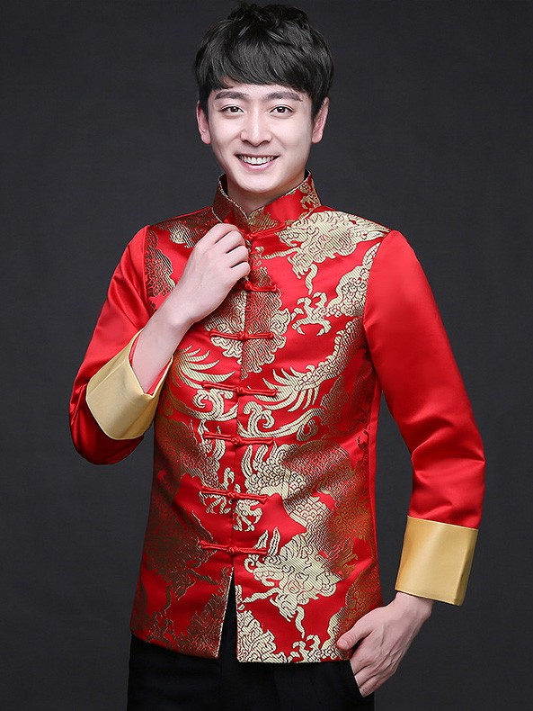 Mens Chinese Vintage Red Dragon Pattern Suit Blazer Wedding Jacket Stage Costume