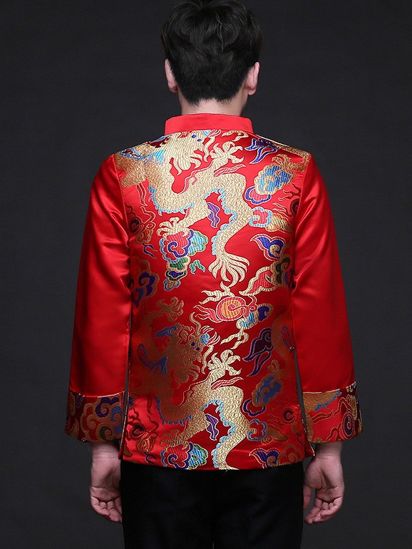 Traditional Chinese Men's Wedding Jacket with Multicolor Dragon