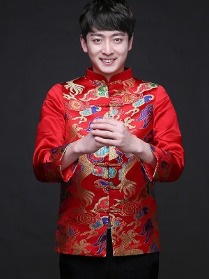 Traditional Chinese Men's Wedding Jacket with Multicolor Dragon