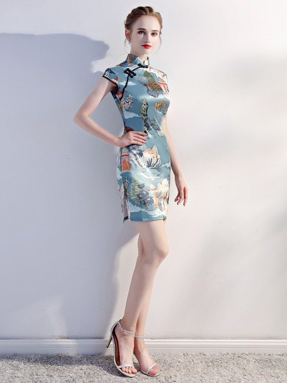 Blue Printed Short Chinese Qipao / Cheongsam Party Dress