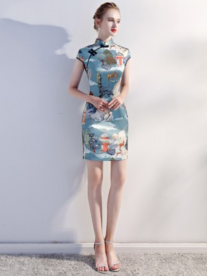 Blue Printed Short Chinese Qipao / Cheongsam Party Dress