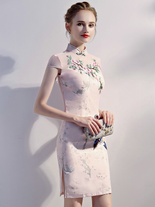 Pink Embroidered Short Chinese Qipao / Cheongsam Party Dress Pink Embroidered Short Chinese Qipao / Cheongsam Party Dress