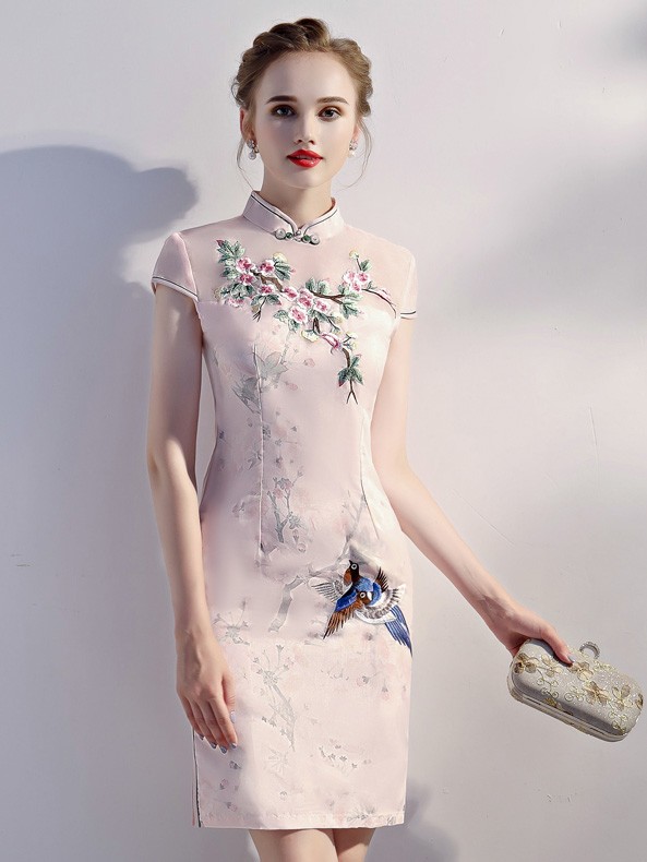  Pink  Embroidered Short Qipao Cheongsam  Party Dress 