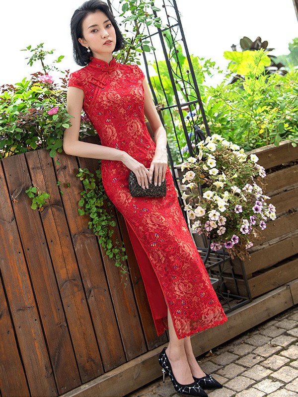 Red Lace Long Qipao / Cheongsam Party Dress with Sequined Butterfly Red Lace Long Qipao / Cheongsam Party Dress with Sequined Butterfly
