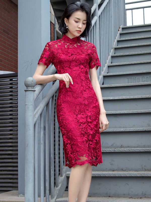 Wine Red Lace Party Qipao / Cheongsam Evening Dress