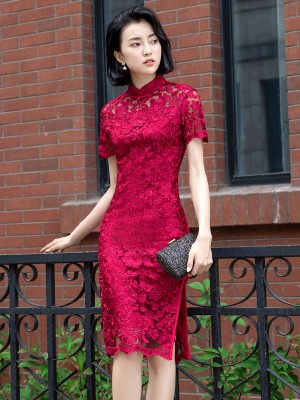 Wine Red Lace Party Qipao / Cheongsam Evening Dress