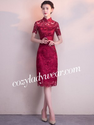 Wine Red Mid Lace Qipao / Cheongsam Party Dress