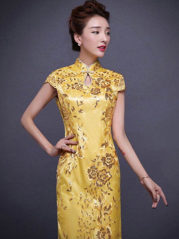 Golden Sequined Embroidered Qipao / Cheongsam Evening Dress