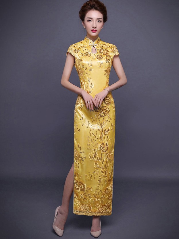 Golden Sequined Embroidered Qipao ...