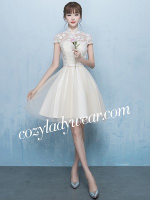 Beige Bridesmaids Qipao / Cheongsam Dress with Tulle Skirt