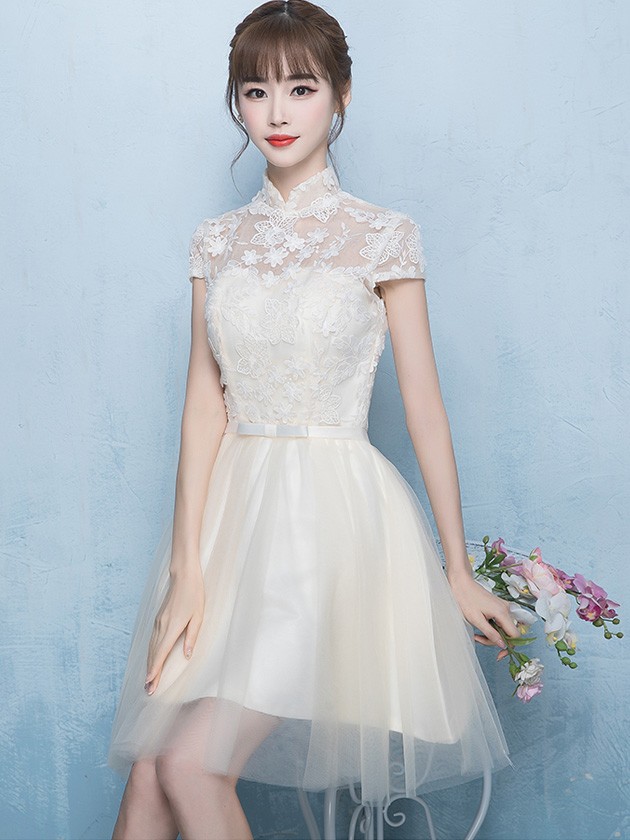 Beige Bridesmaids Qipao / Cheongsam Dress with Tulle Skirt