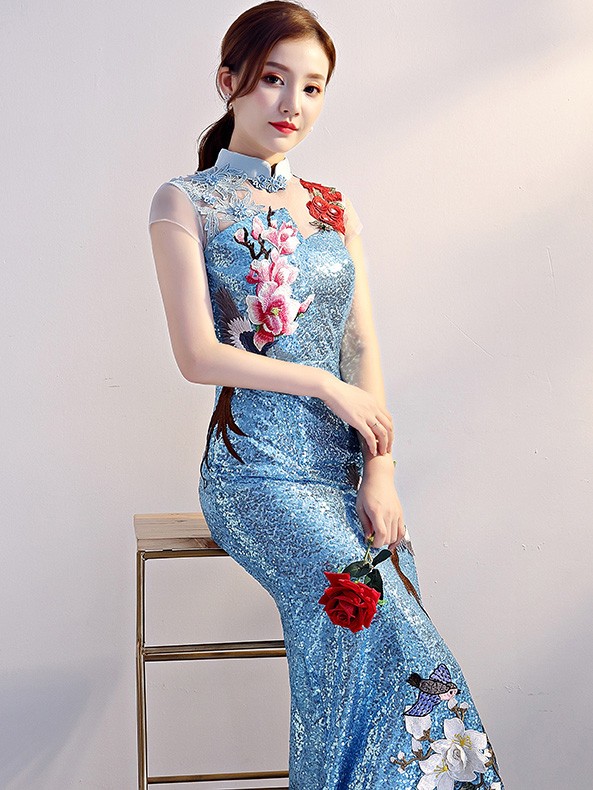 Custom Made Bright Blue Sequins Qipao / Cheongsam Evening Dress