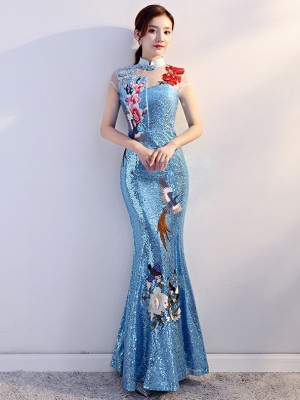 Custom Made Bright Blue Sequins Qipao / Cheongsam Evening Dress