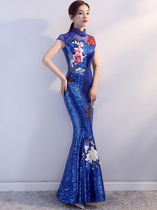 Custom Made Blue Sequins Qipao / Cheongsam Evening Dress